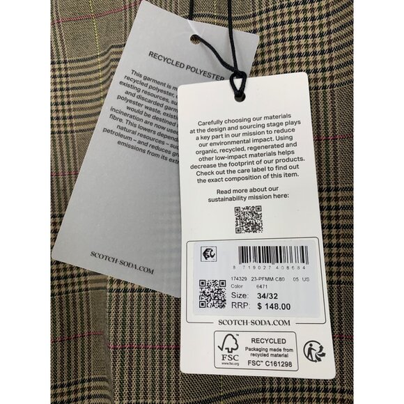 Scotch & Soda Mens Plaid Stretch Trousers 34/31 NWT $148 RP10239 Slim Tapered - Picture 4 of 13